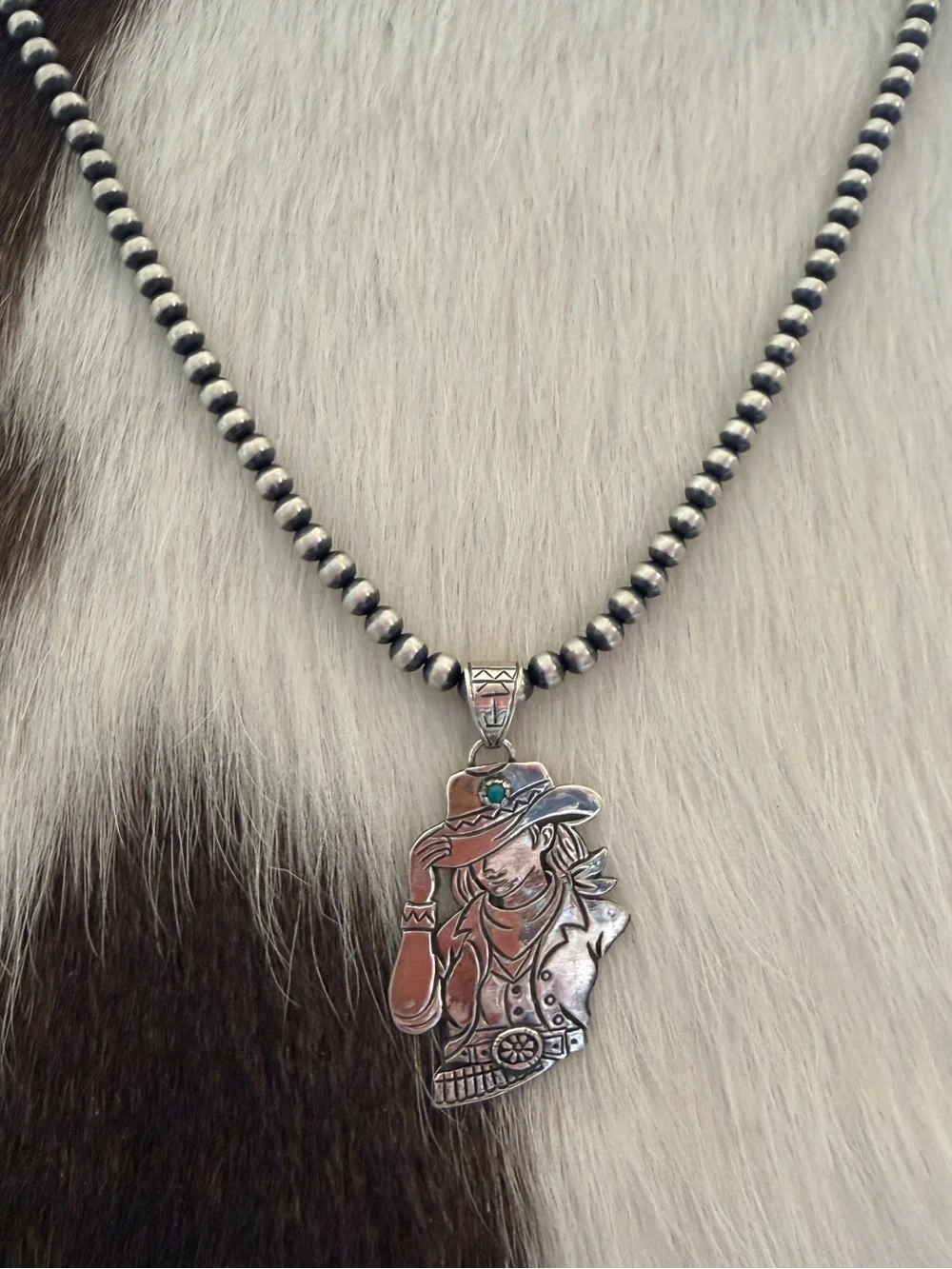 ❤️ Hand Stamped Sterling 925 Cowgirl Pendant w Turquoise Accent Decorative Bail